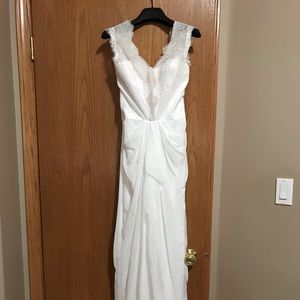 BCBG white full length dress with slit and small train, worn once, like new